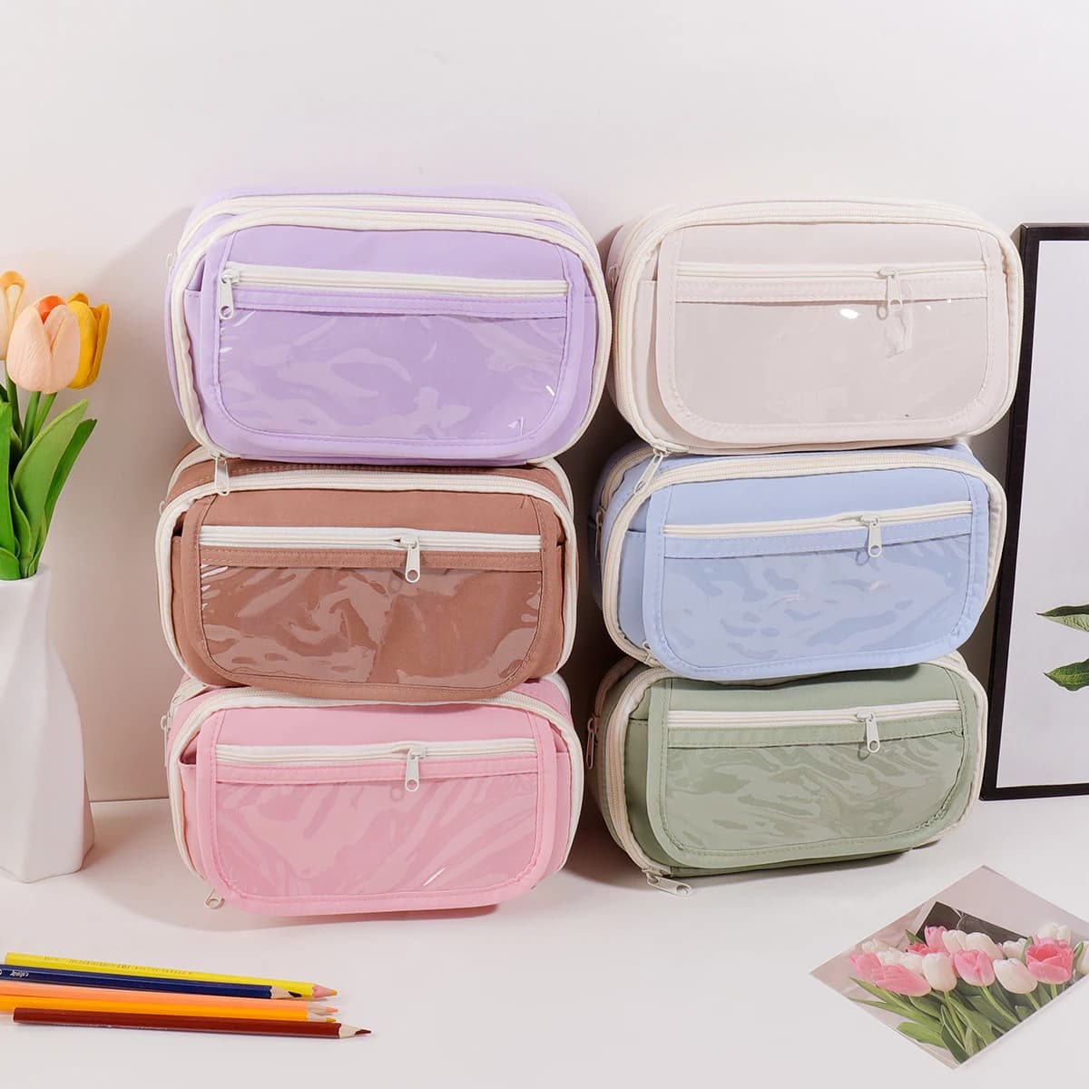 Astuccio monocromatico a 9 strati di grande capacità, borsa per cancelleria con design a copertura trasparente, custodia per cancelleria per studenti, articoli scolastici