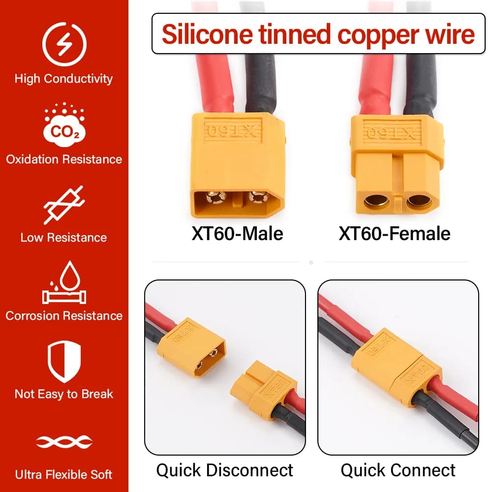 Connettore XT60 Maschio-Femmina con Cavo di Prolunga Doppio in Rame Stagnato Siliconato 14AWG da 15CM per Batteria Auto Drone RC