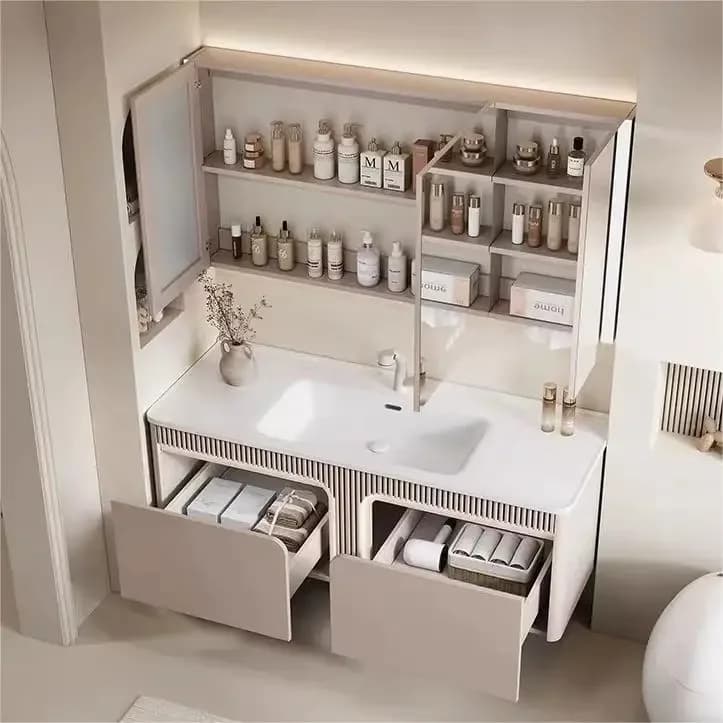 z Vanity in PVC/compensato per bagno galleggiante montato a parete in stile moderno europeo di lusso con tavolo per trucco a specchio illuminato