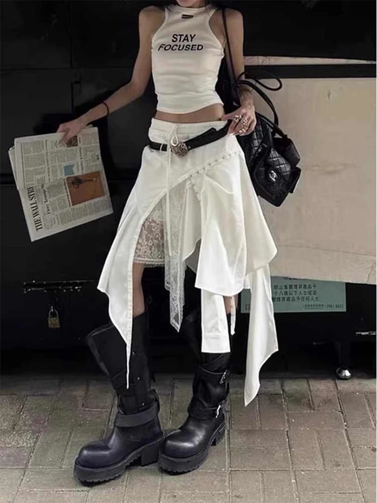 Women's Midi Irregular Skirt Korean Sweet Kpop Gyaru Coquette Y2k Harajuku Design Lace Patchwork Split High Street E-girl New