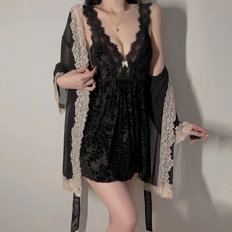 Indumenti da notte estivi Set di vestaglia sexy in pizzo Indumenti da notte per il tempo libero Prospettiva da donna Accappatoio in rete Camicia da notte divisa sul retro Lingerie