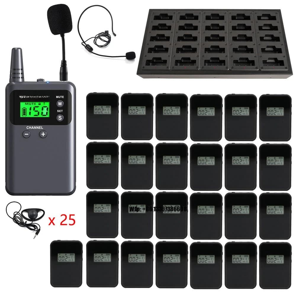 Sistema di Audioguida Wireless per Tour 1 Trasmettitore 25 Ricevitori 1 Caricatore con Auricolari per Interpretazione Simultanea
