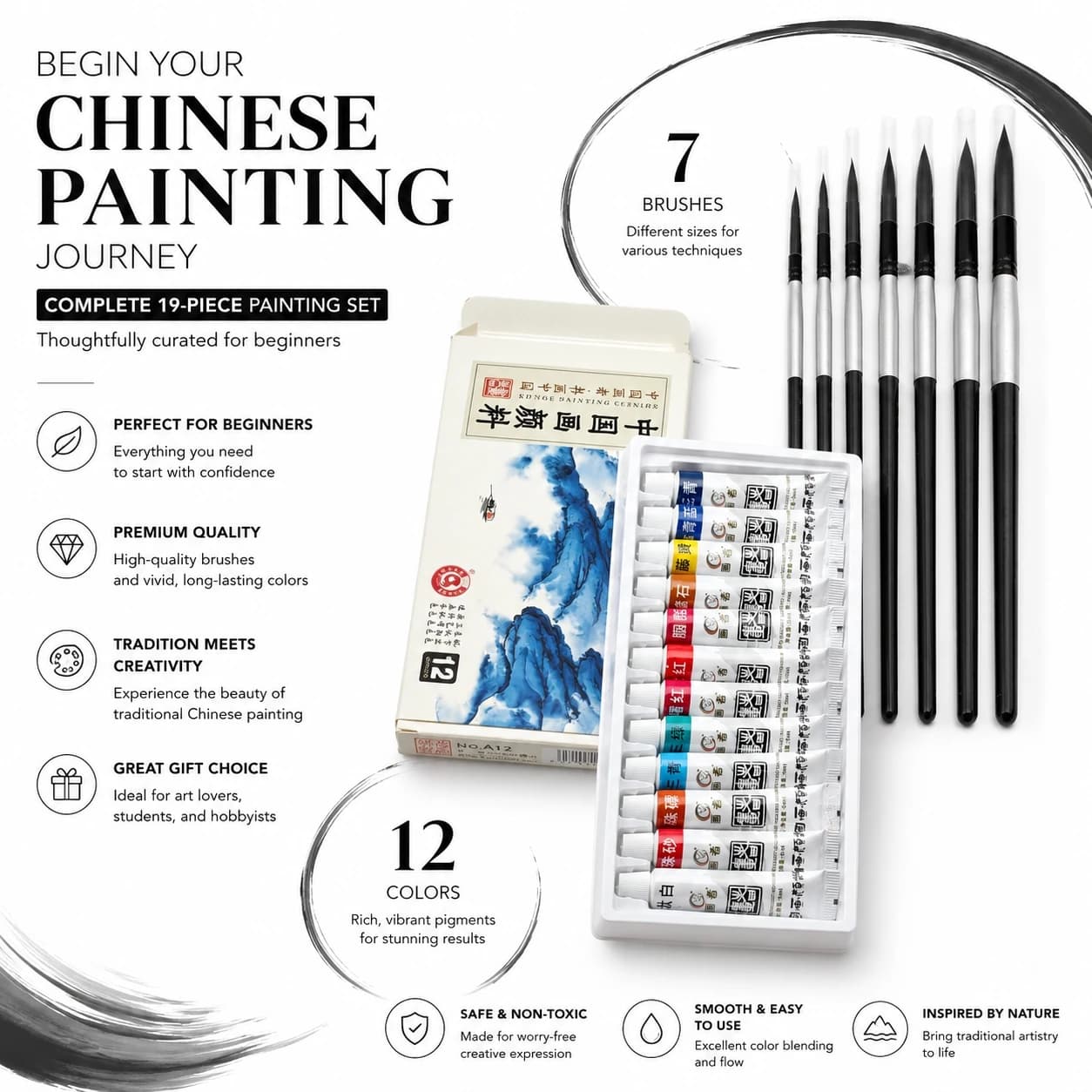 19Pcs Chinese Painting Set – 12 Colors Gouache Ink Paint Tubes + 7 Professional Brushes, Traditional Chinese Art Calligraphy