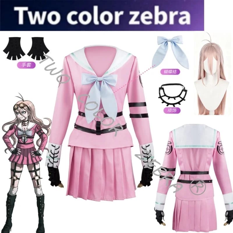 Anime Danganronpa V3 Miu Iruma Cosplay JK Costume Wig Pink Sailor Uniform Pleated Skirt Full Set for Halloween Party Roleplay