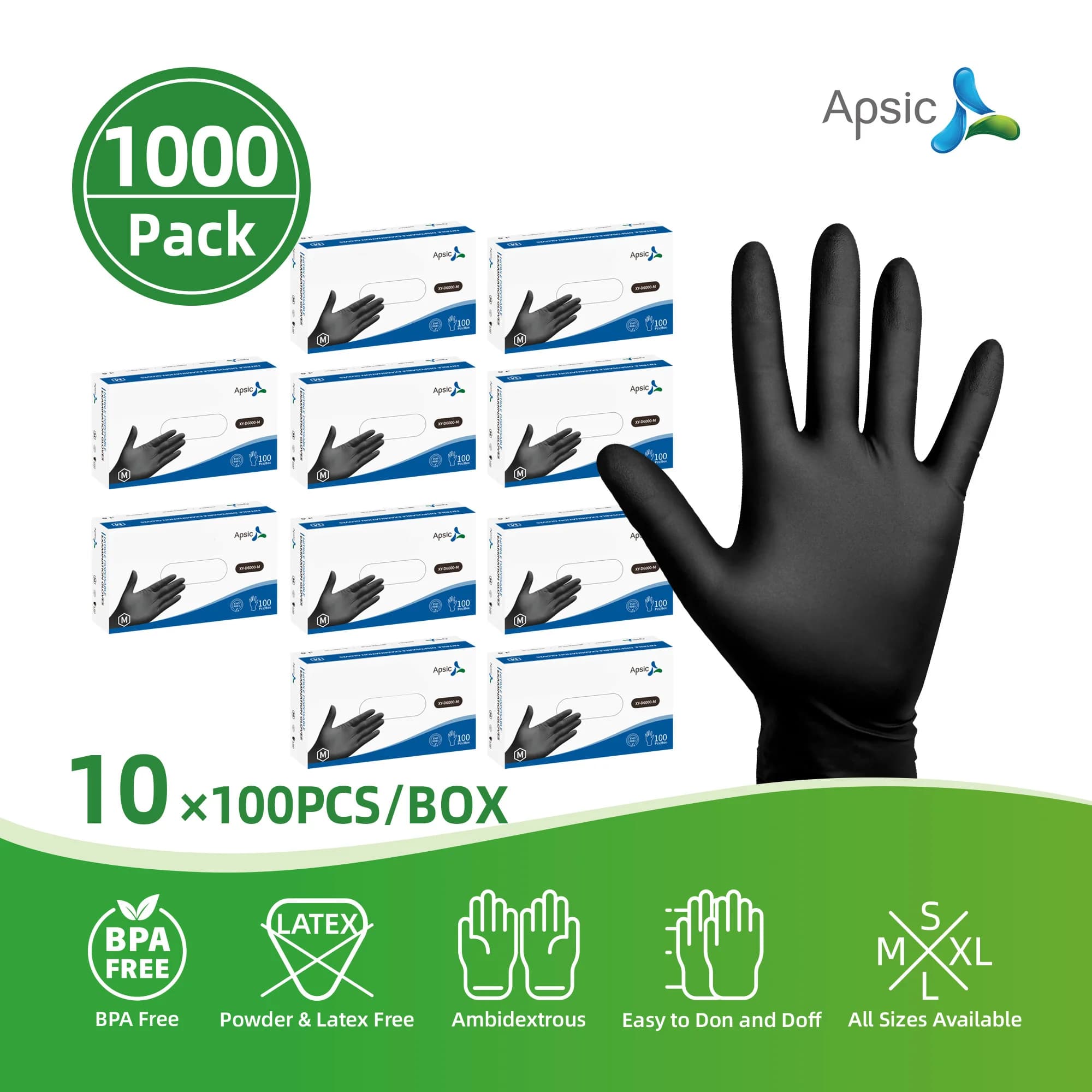 Apsic 1000 Pack Black Disposable Nitrile Gloves - S/M/L/XL - Extra Thick 4 Mil, Latex-Free Protective Glove for Cooking, Home Cleaning - Perfect for Christmas, Party, Gift, Kitchen (10 Boxes of 100 Pieces - 1000 Count Total)