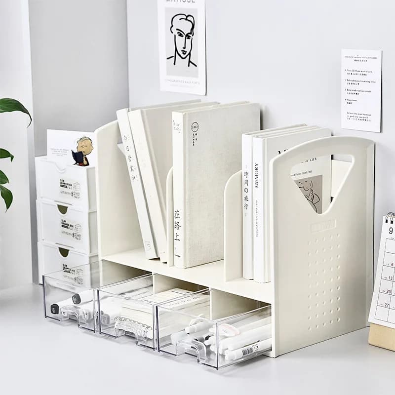 Space Saving Bookend with Drawers Desktop Storage Rack 3 Compartments Book Stand for Student Desk Office Document Organizer