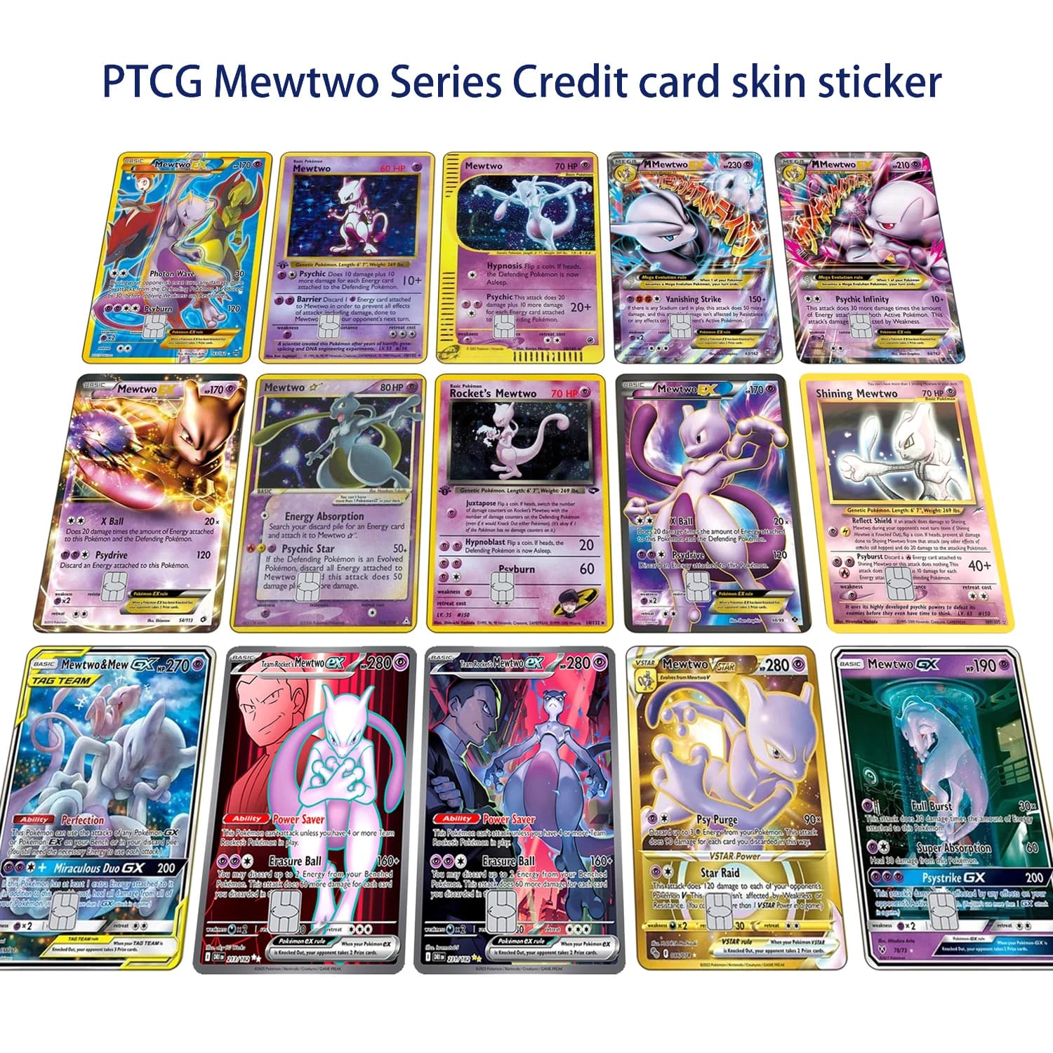 Mewtwo PTCG Series Credit Card Stickers Pocket Monsters Sticker for VISA JCB MasterCard Bus Bank Debit Card Decoration