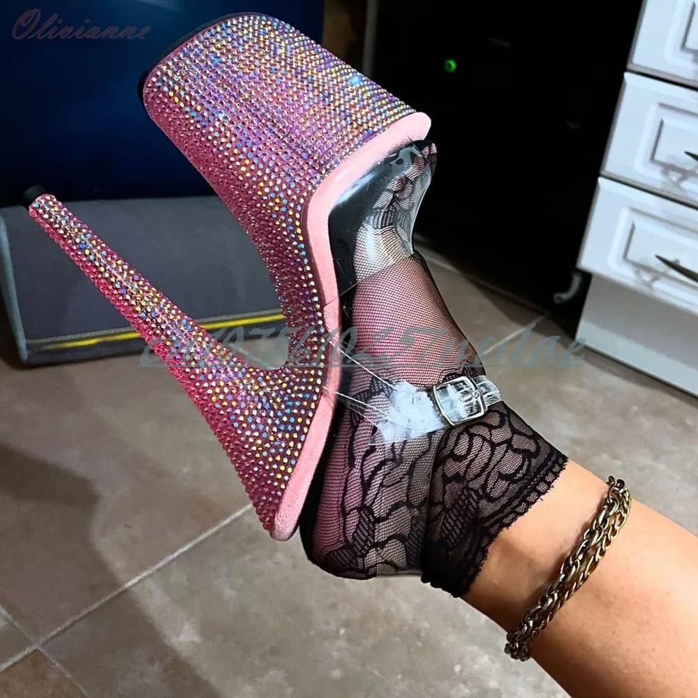 Pink Glitter Crystals Platform Sandals Clear PVC Ankle Strap Stiletto High Heel Party Hot Girls Women Dance Shoes Pole Dance