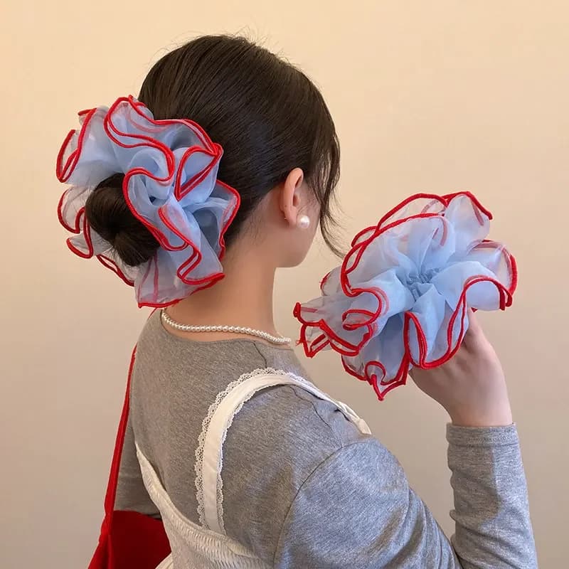 Elastici per capelli a 4 strati in filato blu fresco estivo, con finiture rosso vino a contrasto, eleganti elastici per chignon in stile giapponese e coreano