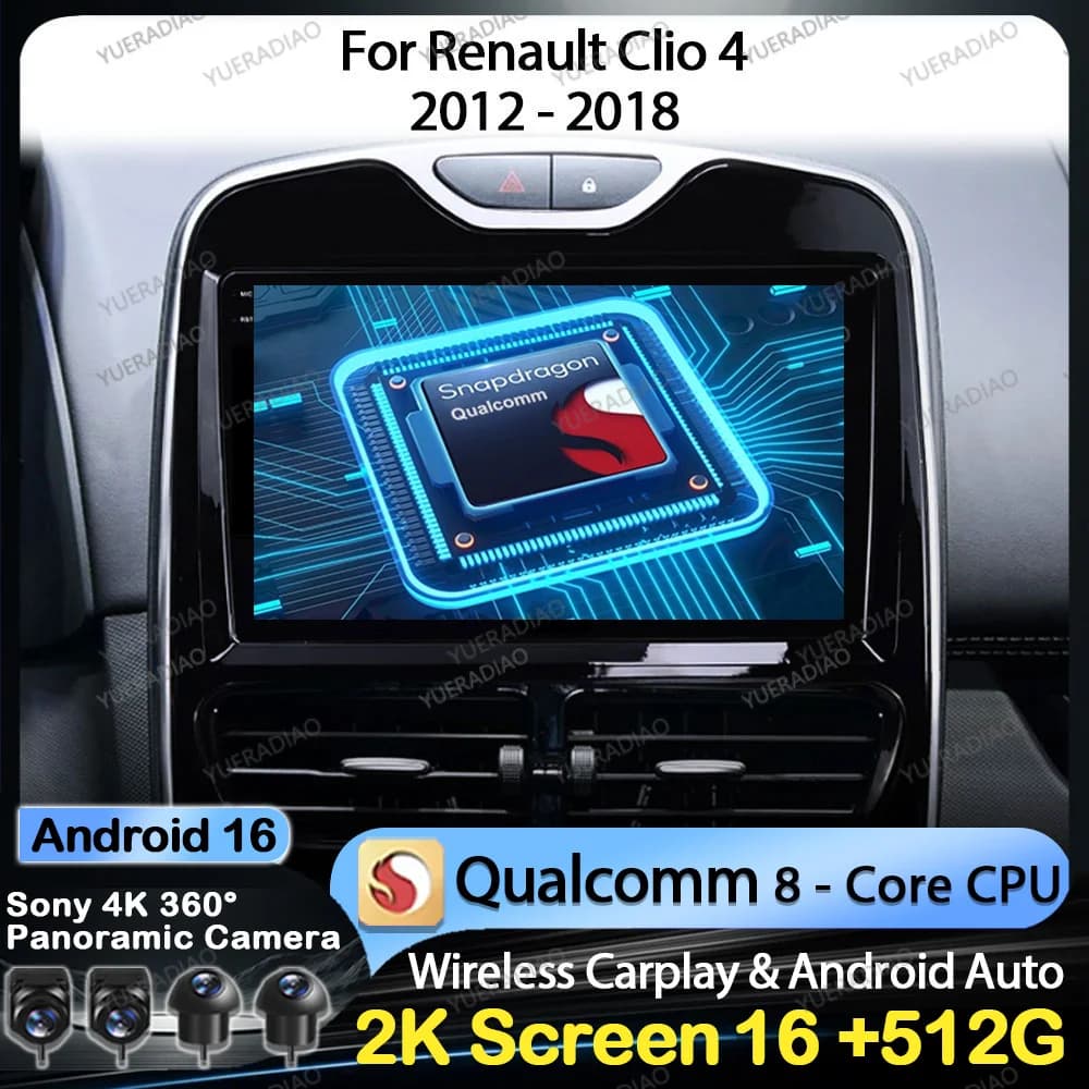 Autoradio Android 16 per Renault Clio 4 BH98 KH98 2012-2016 Qualcomm, Lettore Multimediale Video, Wireless Carplay Auto 4G WIFI DSP
