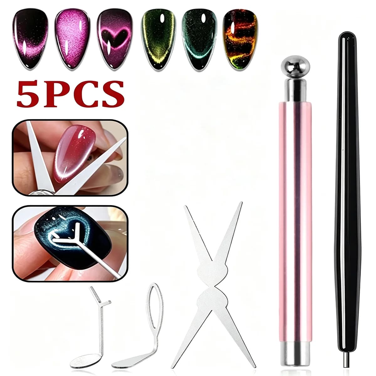 5pcs Cat Eye Nail Magnet Tool Set, Magnetic Ball Pen & Multi Shape Magnets for Gel Polish Nail Art, DIY Manicure Design
