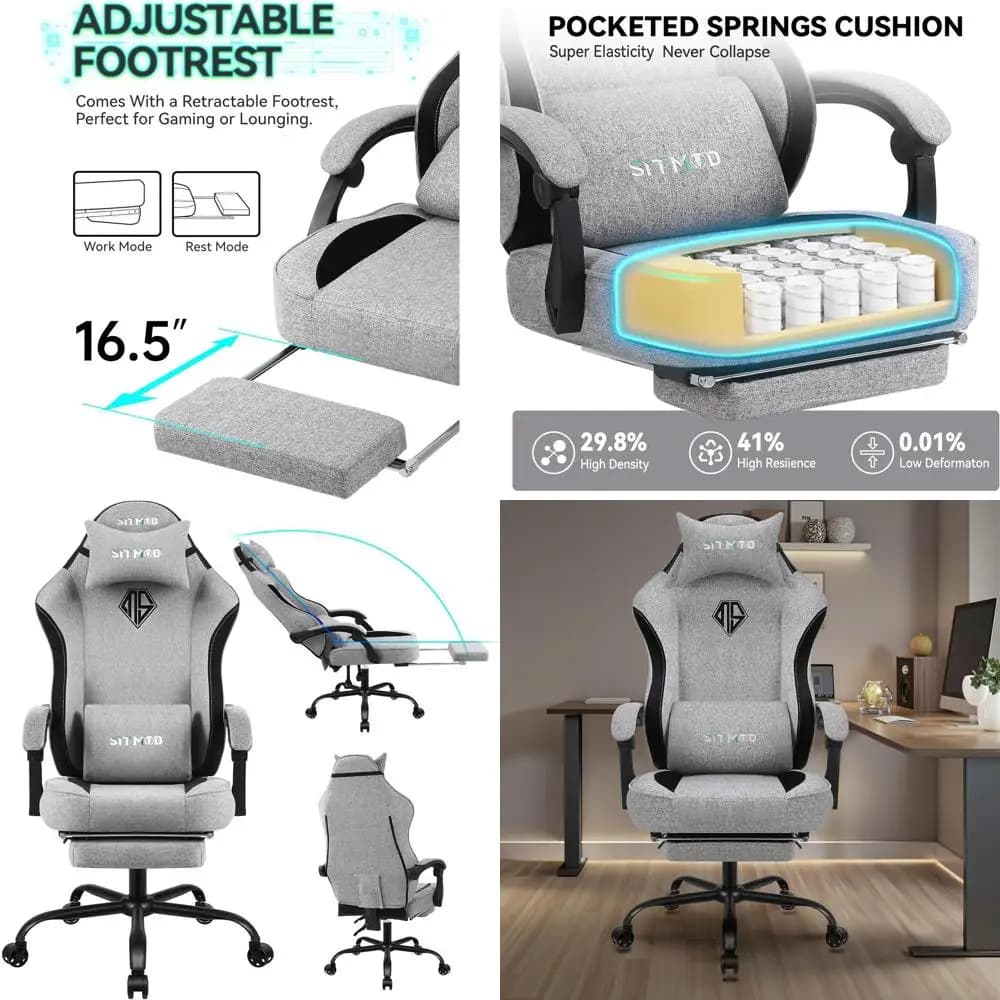 Sedia da Gaming Ergonomica in Tessuto con Poggiapiedi, Supporto Lombare Regolabile per Giocare Comodamente al PC fino a 160 kg