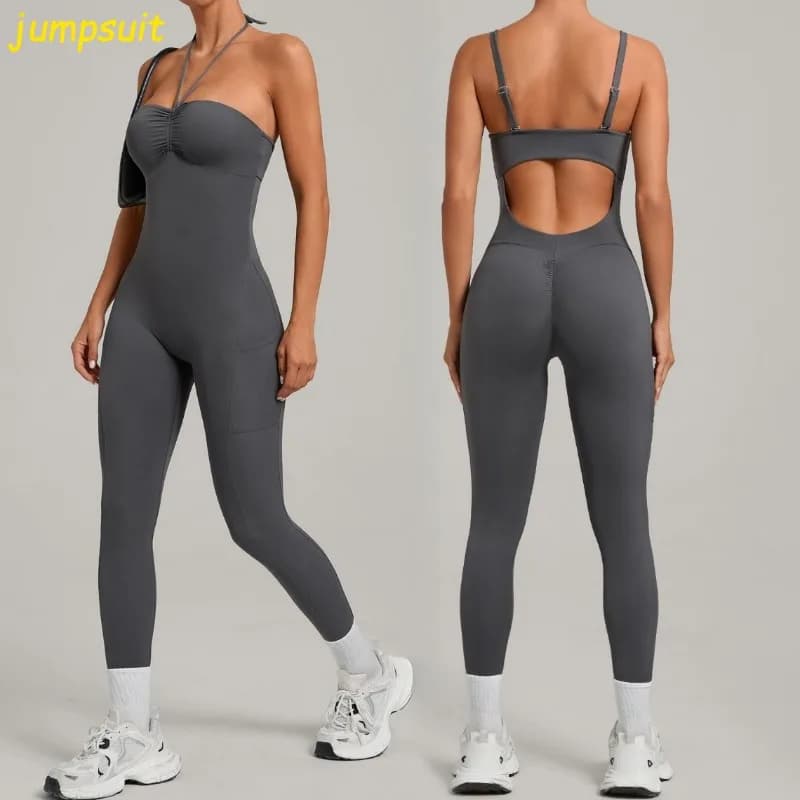 Women's entire yoga suits for sports and fitness, with open back, pockets and push-up effect, slim fit, ideal for running, training and bodybuilding