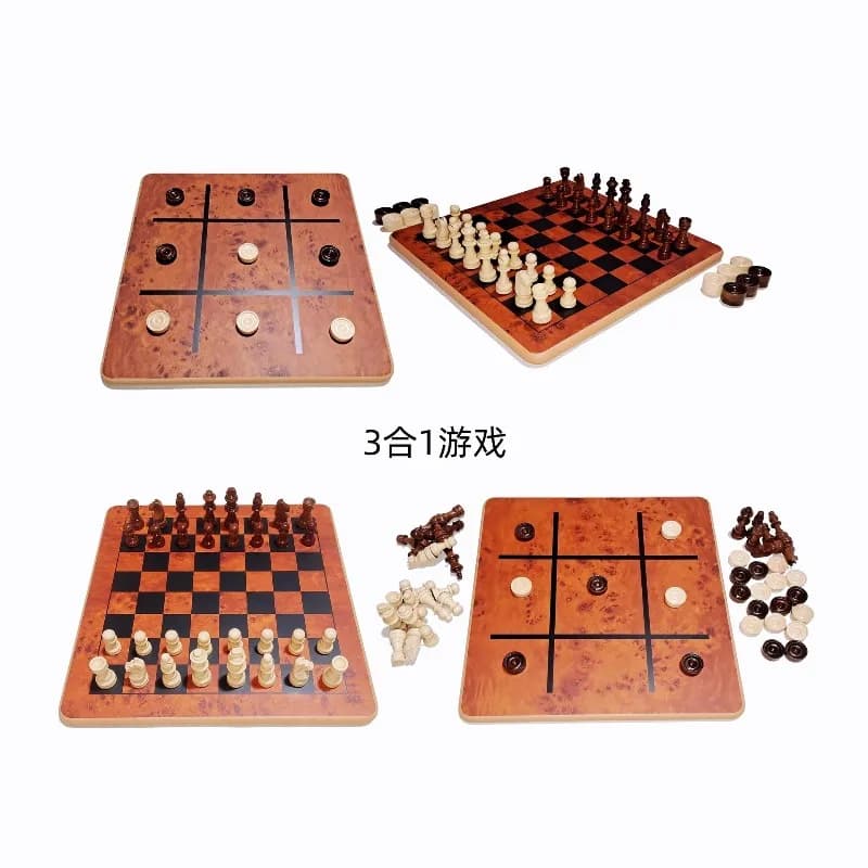 Set da gioco 3 in 1 in legno massello: scacchi, punta Tic-Tac e dama con lavagna stampata con motivo Burl in legno