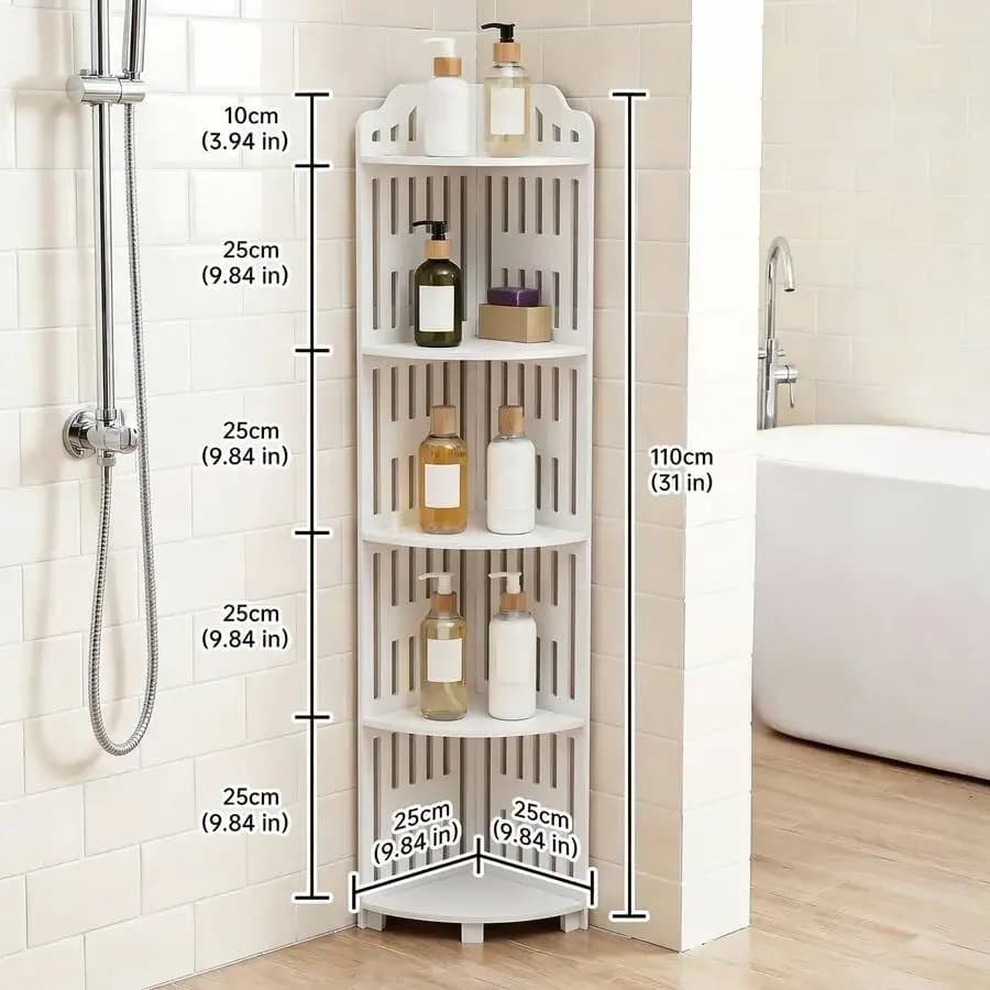 5-Tier 43.31 Inch Waterproof PVC Corner Storage Shelf, Scandinavian Style Organizer For Bathroom/Kitchen/Living Room – 30lbs Cap