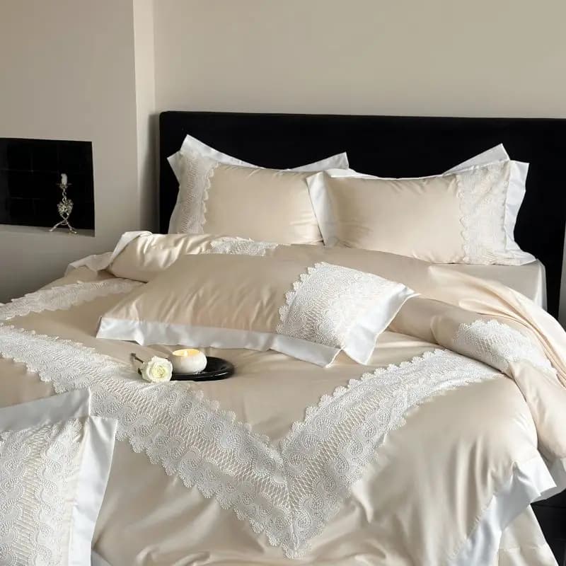 Set of Princess Bedlinen with Vintage Lace Joints Champagne 1000TC Egyptian Cotton Cushion Sheets/Lenzuolo with Corners Lotus 4 pieces