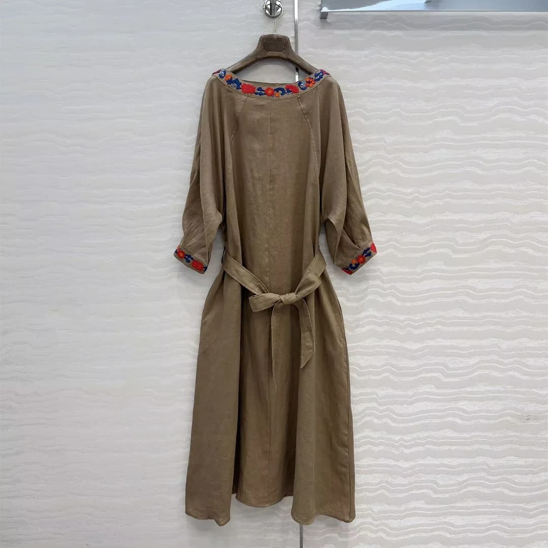 Old Money Style Vintage 100% Linen Long Dress Women Embroidery Floral Slash Neck Three Quarter Casual Loose Dresses With Belt