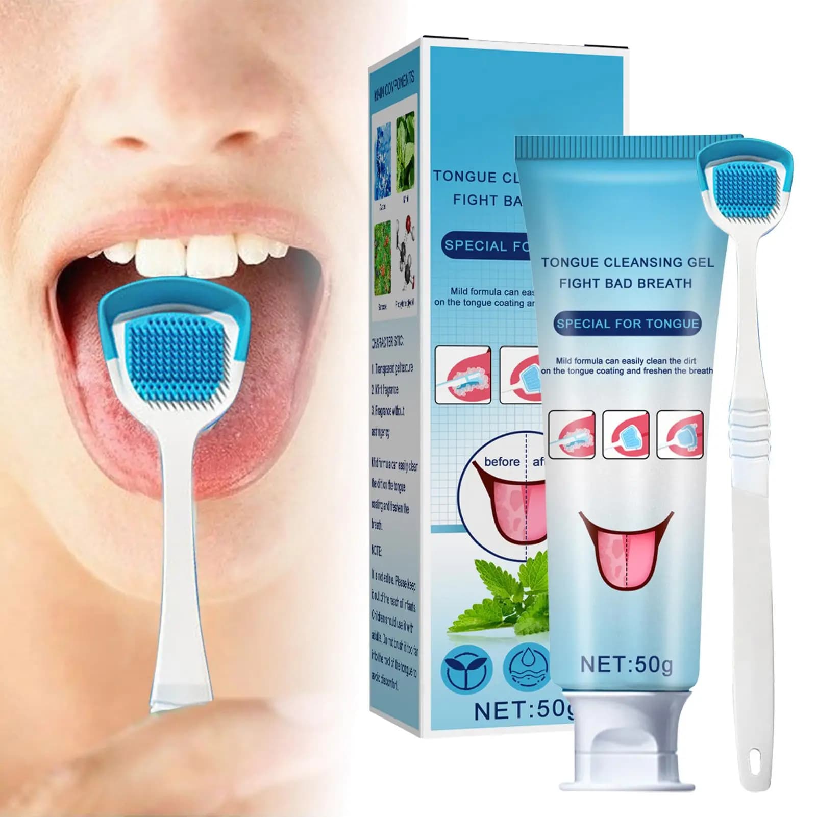 Spazzola per raschietto per lingua Efficace detergente per lingua Gel Set di detergenti per orale Raschietto per lingua alla menta e scrubber Efficace odore della bocca