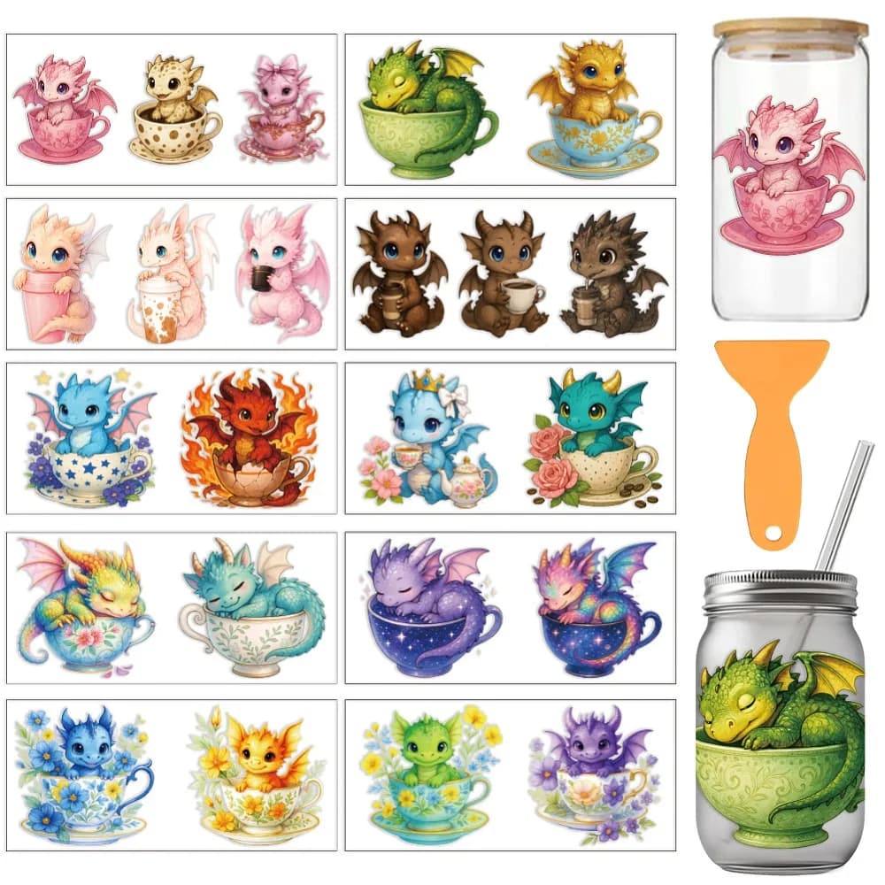 10Pcs 10 Styles PVC DIY Heat Transfer Paper for UV Sublimation Cup Dragon 240x110mm 1pc/style