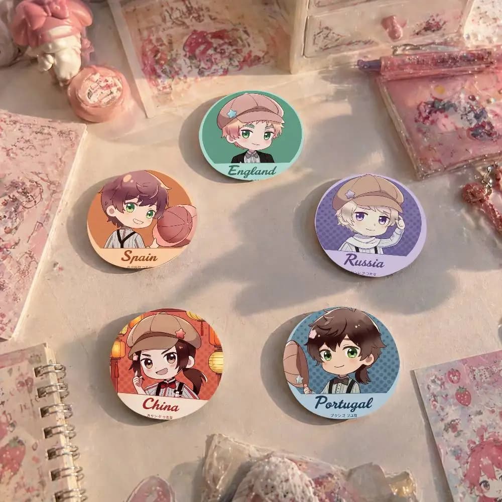 Axis Powers 75x75 25x25 Mm Cartoon Round Brooches On Backpack Shirt Accessories Jewelry Badge Gift For Friends