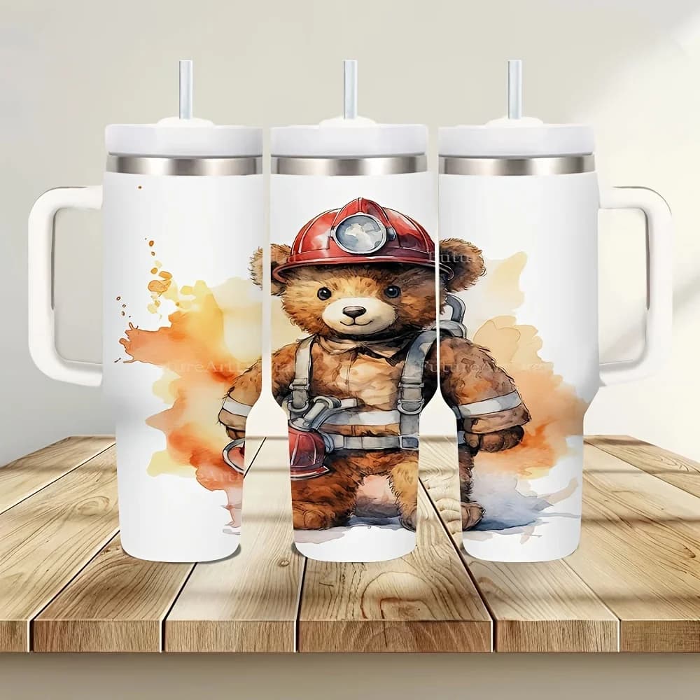 40oz Insulated Tumbler with Handle, Cute Watercolor Firefighter Teddy Bear Print, Fits Both Hot and Cold Drinks, Ideal for Teddy Bear Lovers Daily Use Outdoor Travel Camping And Picnic