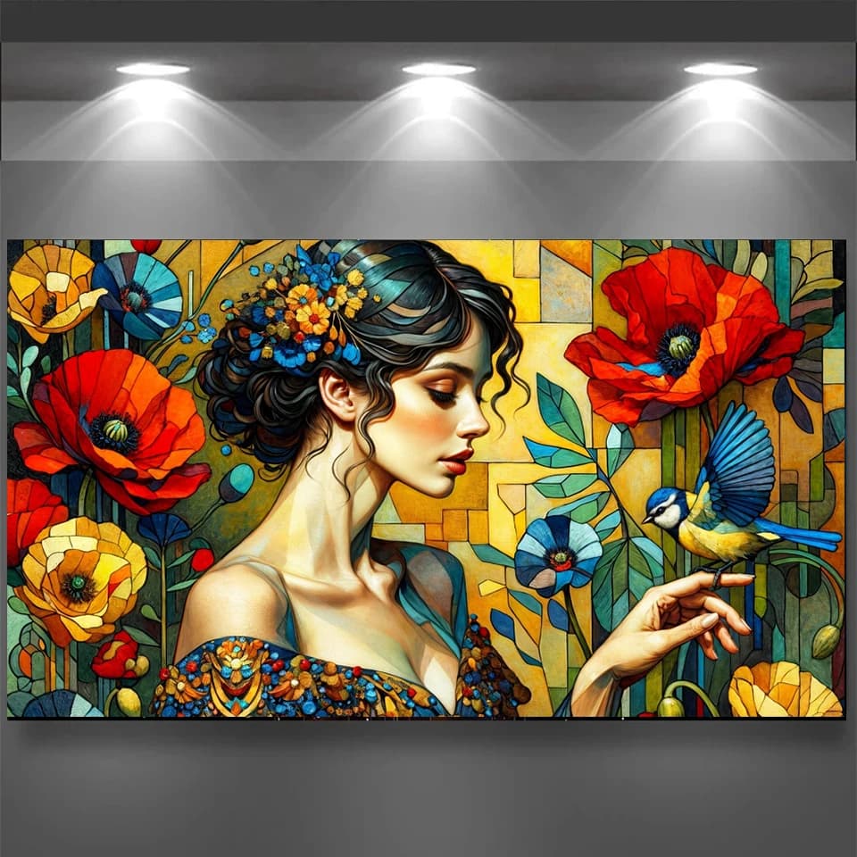 Poppy Klimt Donna, Quadro Diamantato Fai da Te Grande Formato, Pittura Diamantata a Mosaico con Diamanti Quadrati e Rotondi, Ritratto Floreale per Decorazione Domestica