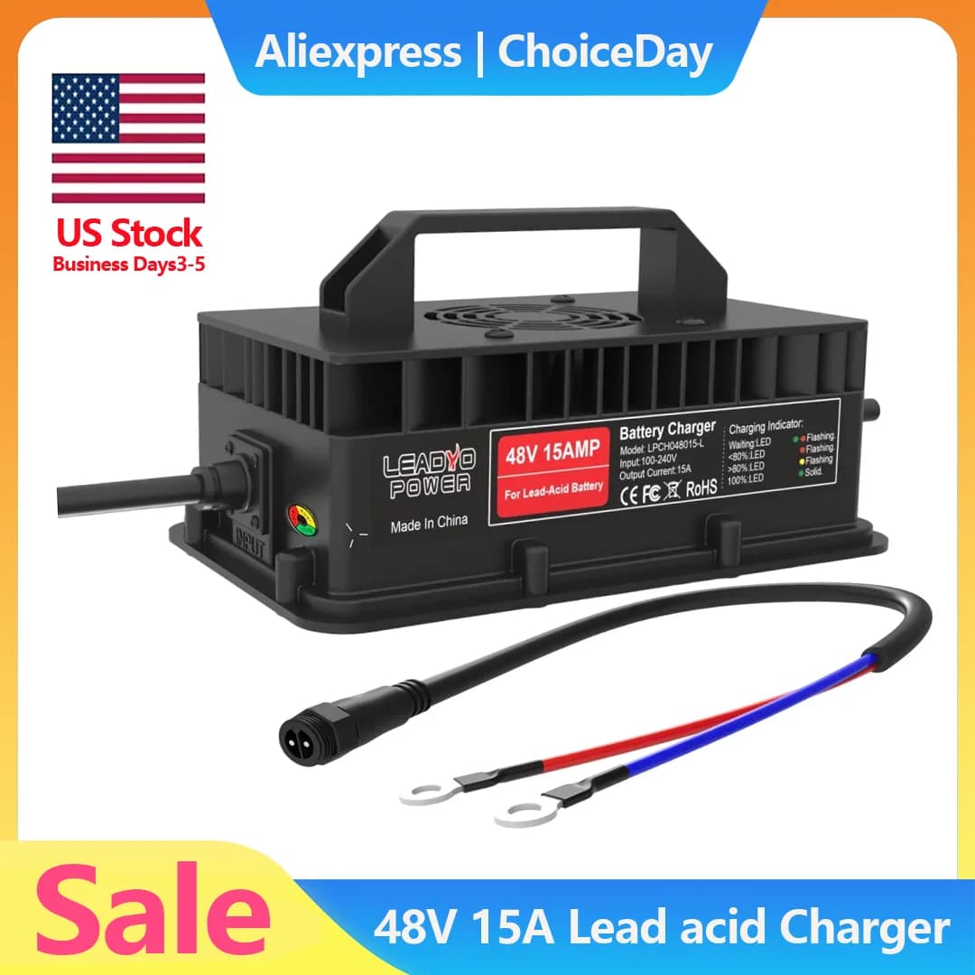 Lead Charger 48V 15A for Golf Cart Battery IP67 800W Intelligent Quick Charger with M8 Type O Plug