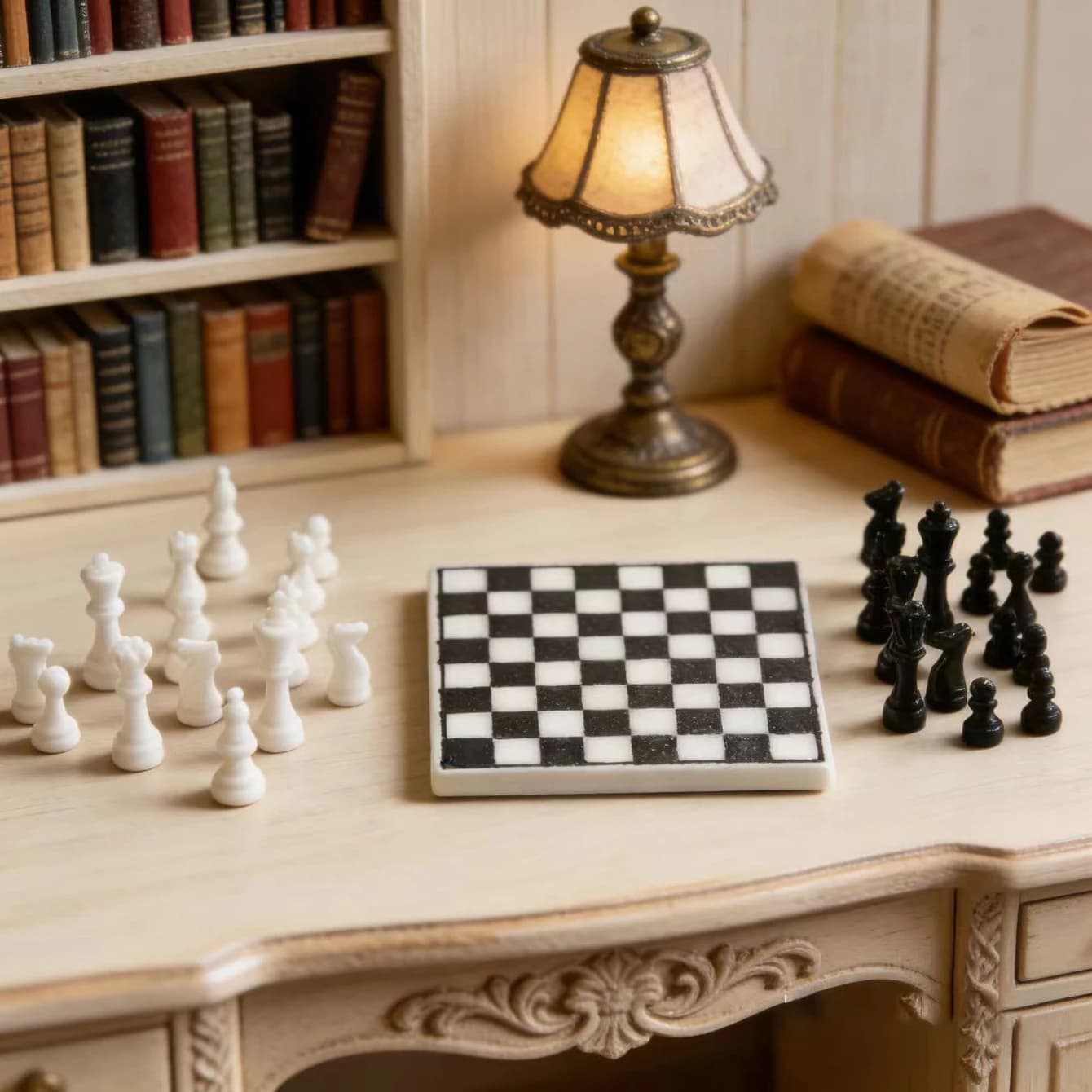 1 set/set di scacchi in miniatura in bianco e nero, decorazione da tavolo per casa delle bambole, accessorio per scena di casa delle bambole per la fotografia