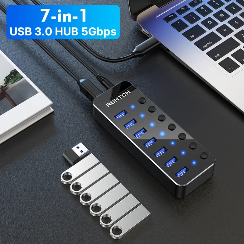 RSHTECH USB 3.0 Hub 5Gbps Splitter di trasferimento dati multiplo a 7 porte SuperSpeed con interruttori di accensione/spegnimento a LED individuali e alimentatore