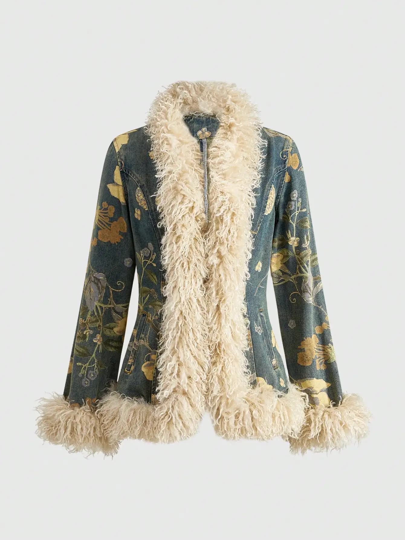 ROMWE Hippie Country Spring Luxury Flower Y2K Retro Floral & Plant Full Print Faux Fur Patchwork Fitted Women Denim Jacket