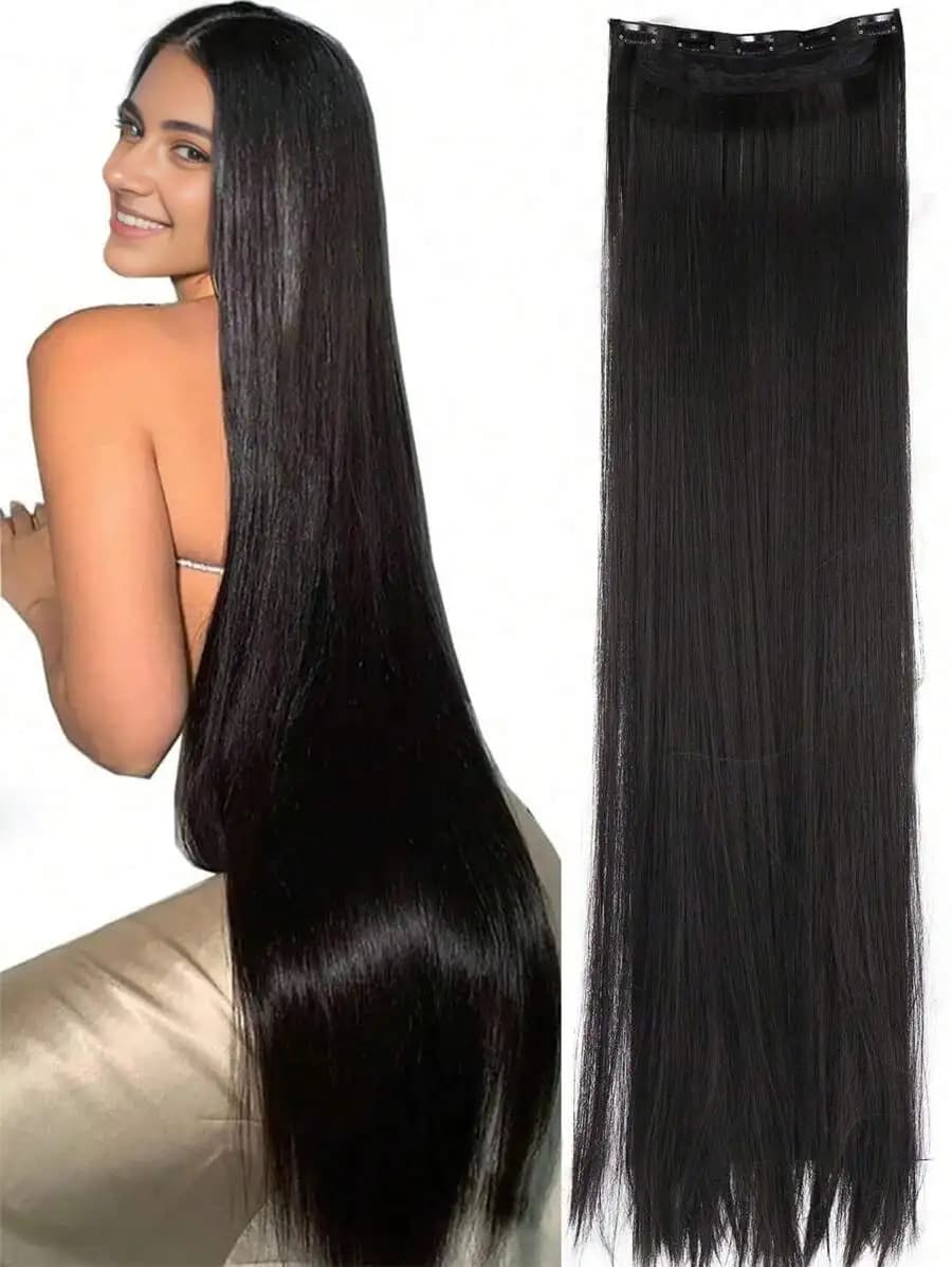 Extension per capelli lisci neri con clip da 20-40 pollici, pezzi di capelli a coda di cavallo per donne e ragazze