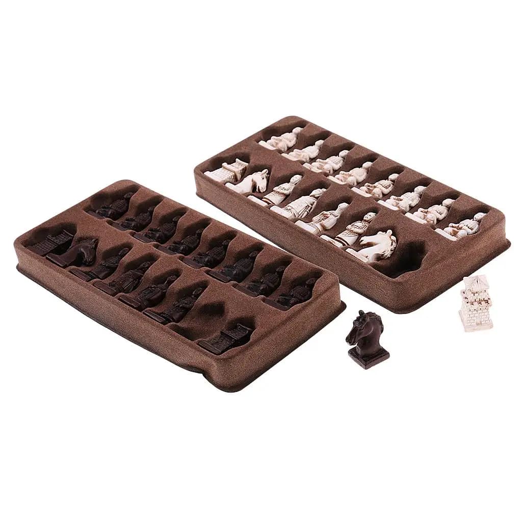 Set di Scacchi dell'Esercito di Terracotta in Resina, Scacchiera Pieghevole in Similpelle, Regalo Unico per Adulti