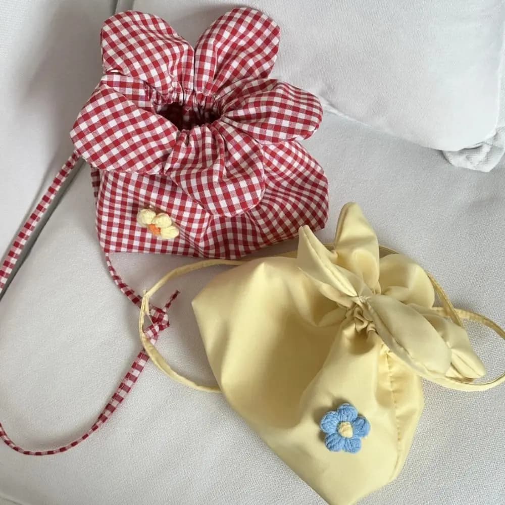 Borsa a tracolla piccola e carina in stile coreano casual, con stampa a quadri, coulisse e tasca portatile, borsa a mano floreale da donna