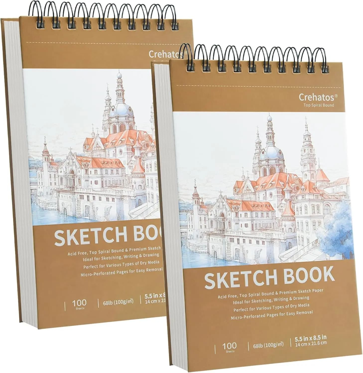 5.5"x8.5" Sketch Book, Top Spiral Bound Pad, 100 Sheets 68lb Drawing Paper, 2 Pack