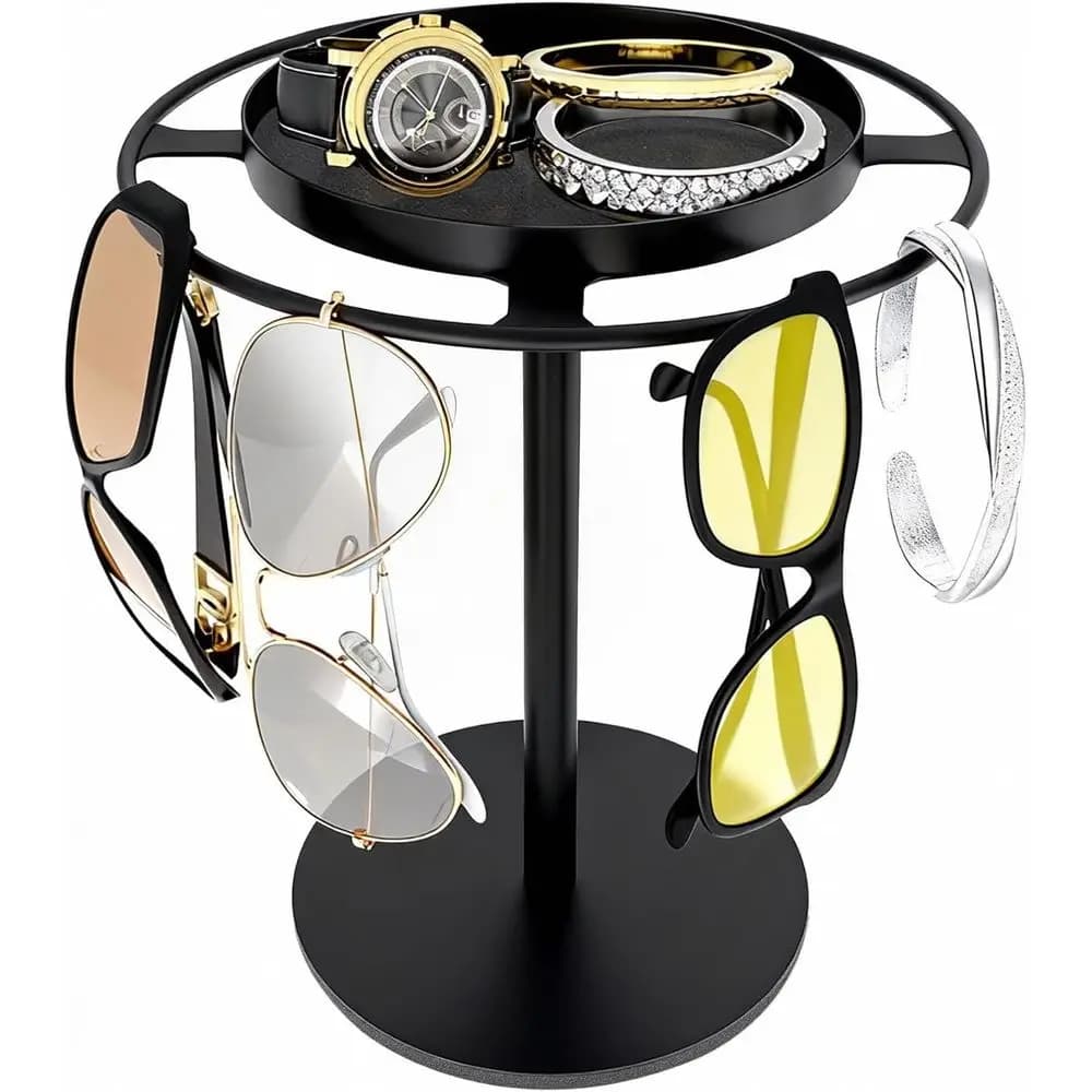 Stylish Metal Sunglasses Stand with Storage Tray, Anti-Slip, Matte Black Desk Organizer