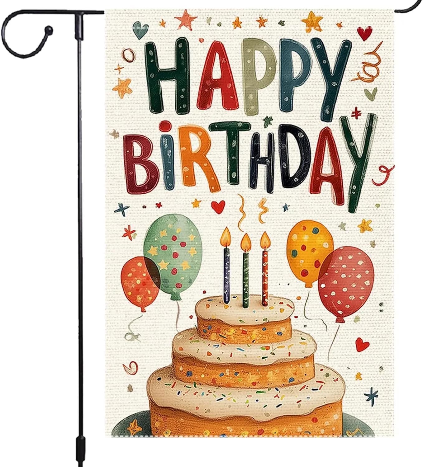 Birthday Garden Flag 12x18 Inch Double Sided Burlap Flag Happy Birthday Colorful Cake Balloons Candles Confetti Outdoor Deco PPZ