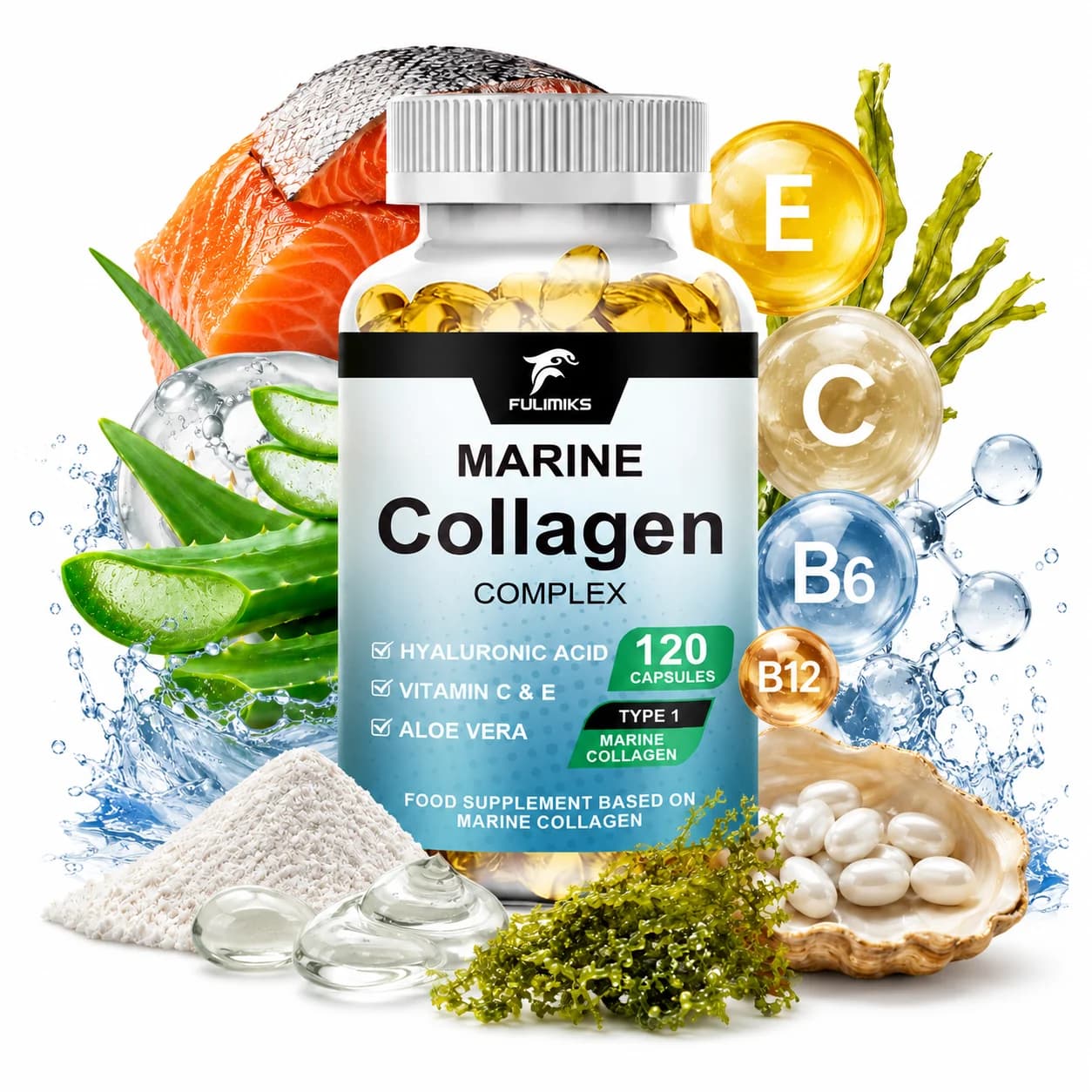 Integratore Premium di Collagene Marino Idrolizzato, con Acido Ialuronico, Vitamina C ed E, Promuove la Luminosità della Pelle, la Salute di Capelli e Unghie