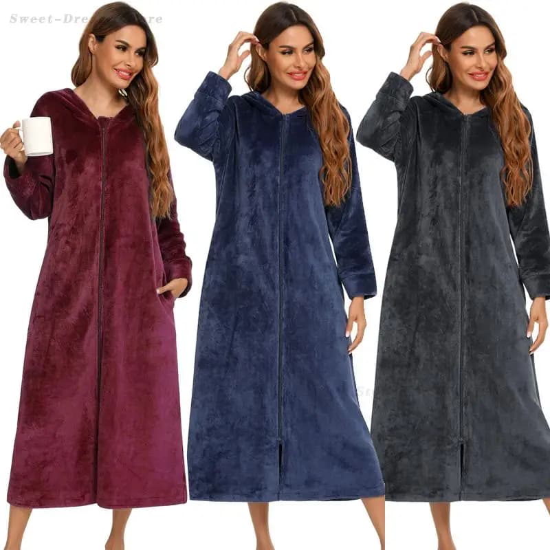 Casual Night Shirt with Zip, Bottle with Hood, Long Sleeved Bathrobe, New Winter Flannel Pijama for Women