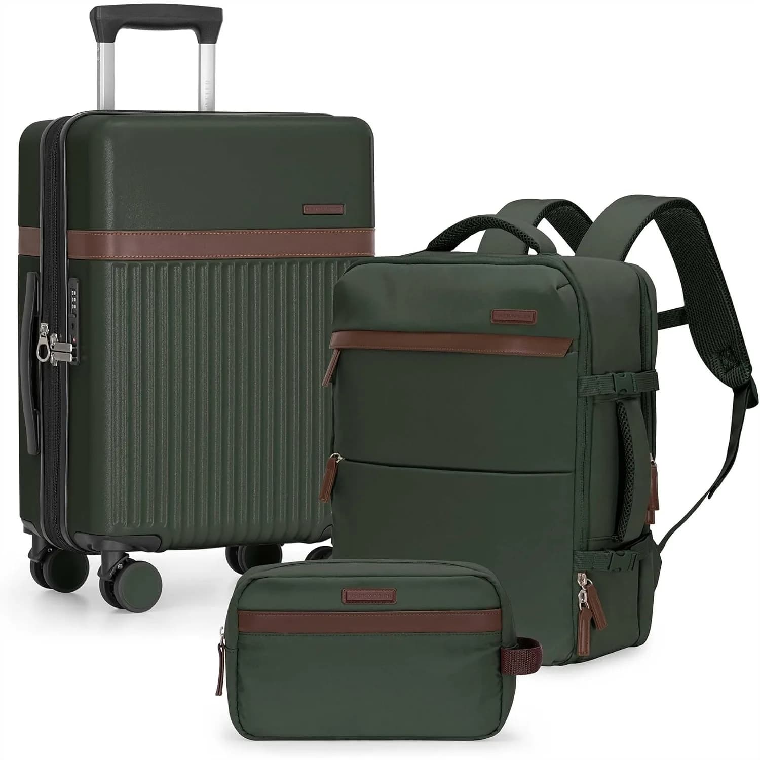 Set da Viaggio 3 Pezzi, Valigia Rigida da 21 Pollici con Serratura TSA, Zaino da 18 Pollici con Tasca per Laptop, Borsa per Toilette, Verde