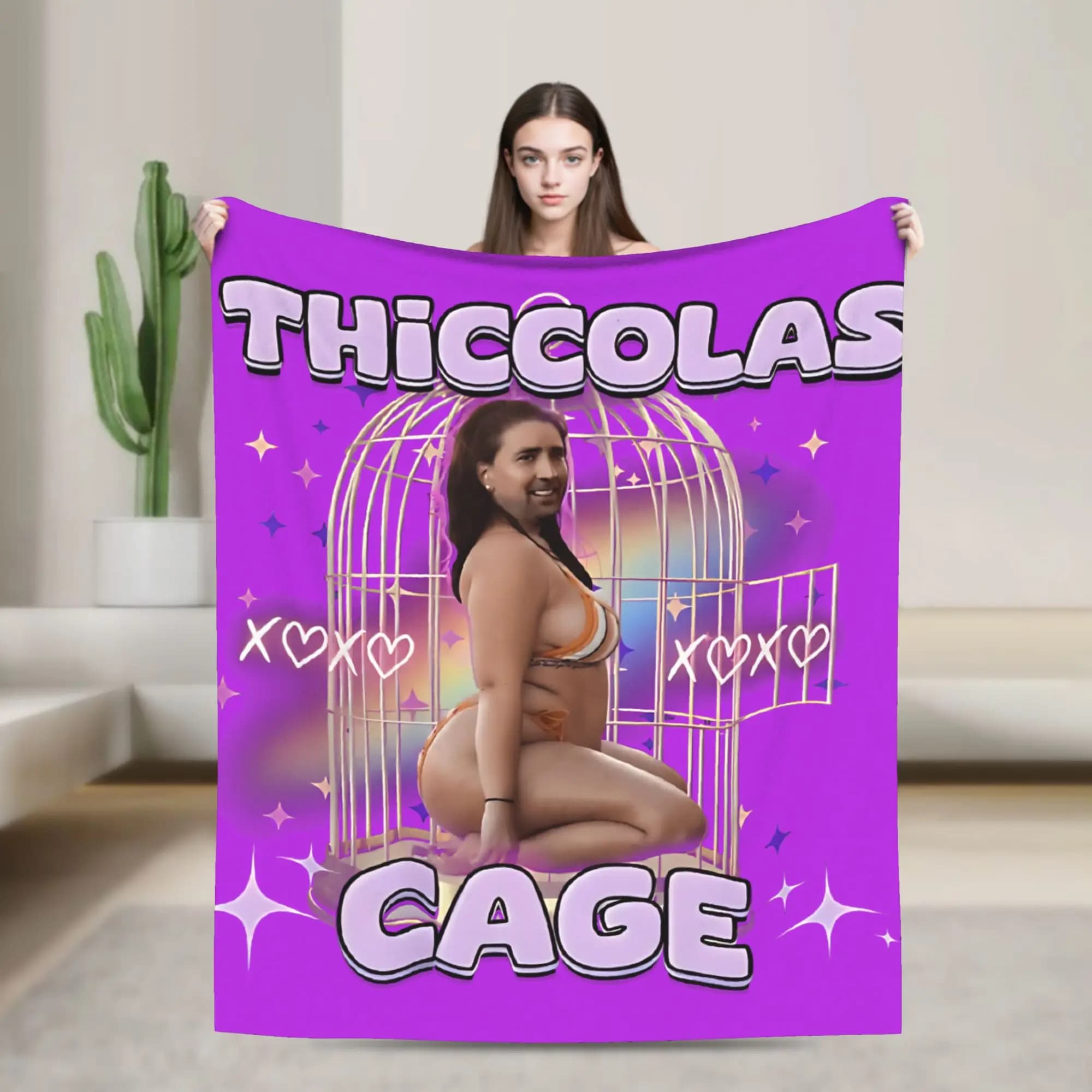 Thiccolas Cage Funny Meme Flannel Blanket Soft Throw Blanket for Couch Bed Picnic Novelty Bedspread Sofa Bed Cover
