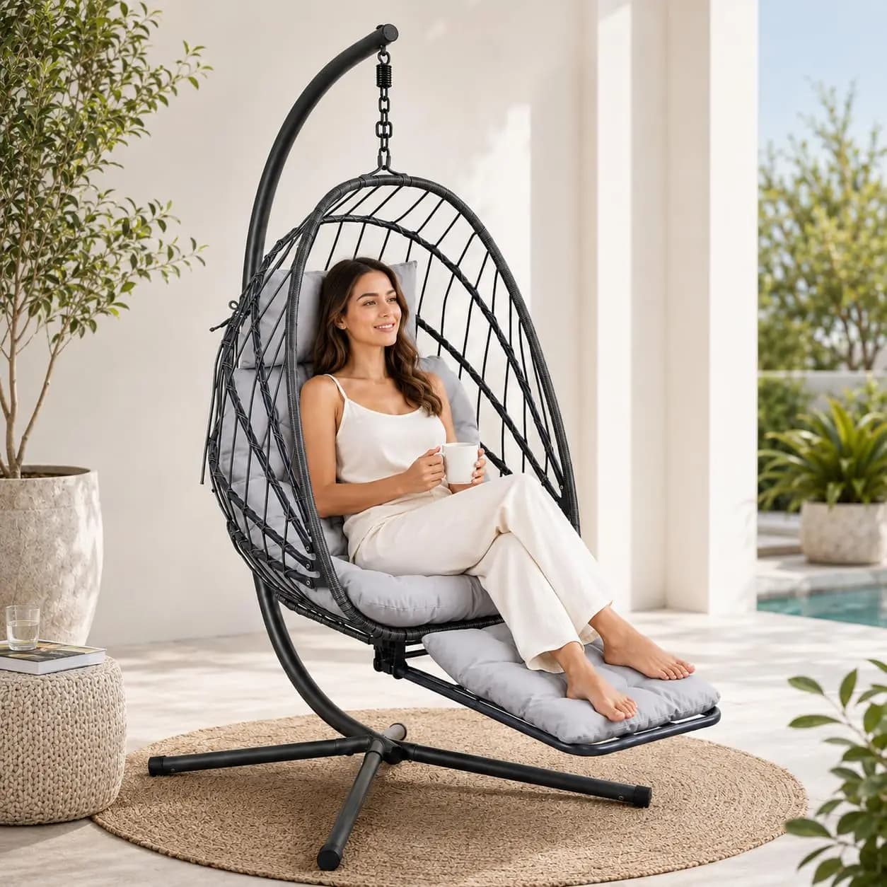 Hanging Egg Chair With Stand And Retractable Footrest Rattan Wicker Swing Chair With Thick Cushion And Headrest Indoor Outdoor