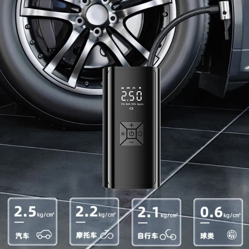 Compressore d'aria senza fili classico con motore brushless, 120 PSI, manometro digitale, spegnimento automatico per biciclette, auto e palloni sportivi
