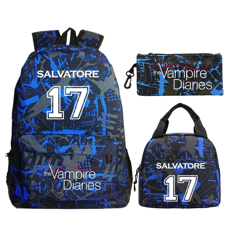 Zaino con stampa The Vampire Diaries per ragazzi e ragazze, borsa per il pranzo, 3 pezzi/set, zaino per studenti delle scuole primarie, zaino da viaggio in nylon
