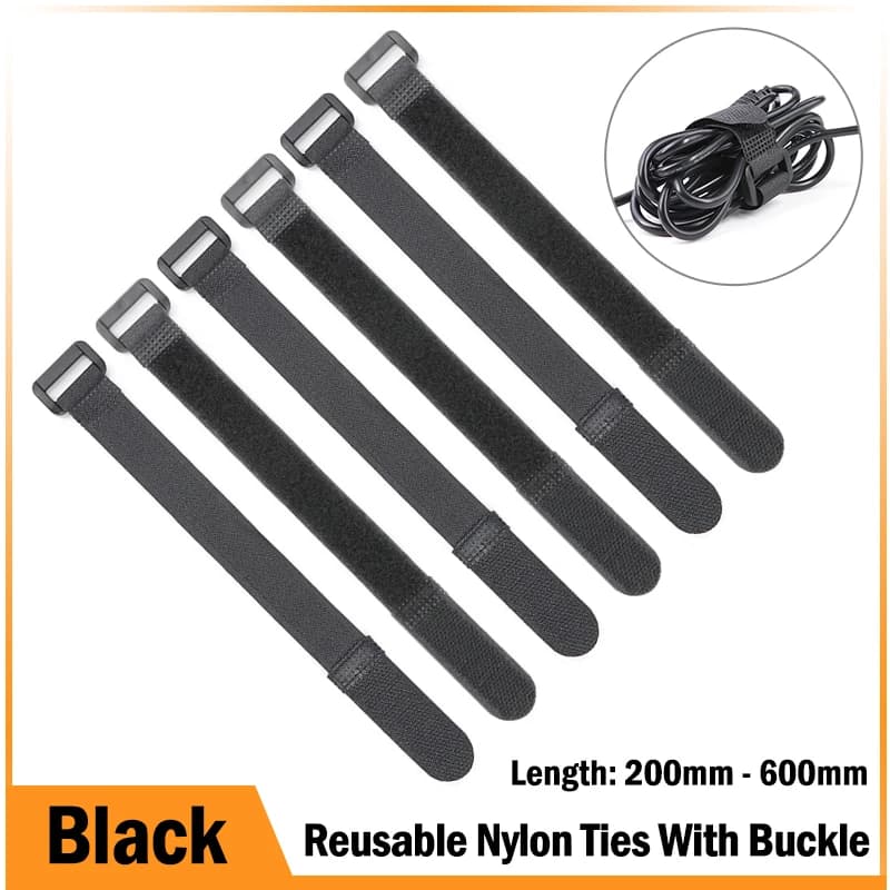 Fascette per cavi nere da 200 mm ~ 600 mm Cinghia in nylon autoadesiva riutilizzabile Fibbia inversa Linea Filo Organizzatore Gancio Anello Fascio di fissaggio