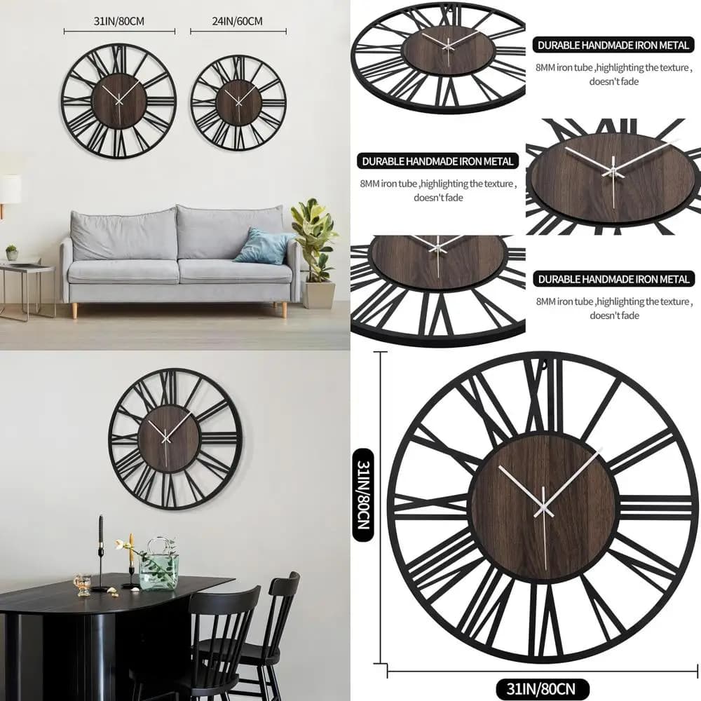 32 inch vintage style round wall clock with silent movement, battery powered for living room, bedroom or office furniture (Nero Nu