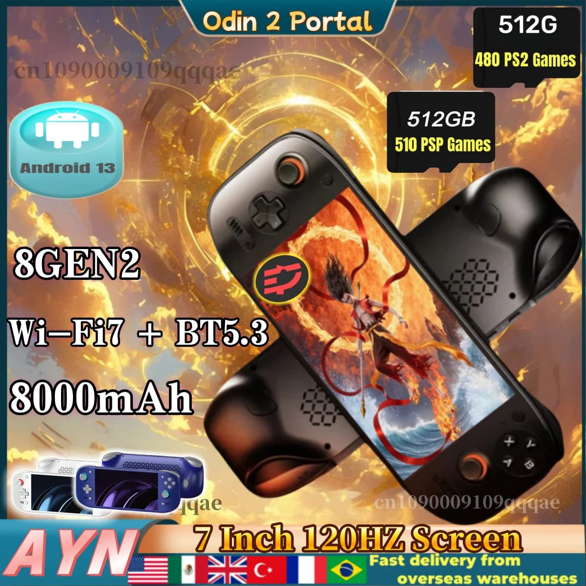 AYN Odin 2 Portal Console di gioco portatile Schermo da 7 pollici 120HZ Android13 8000mAh 8Gen2 Console portatile open source PSP PS2 Regali