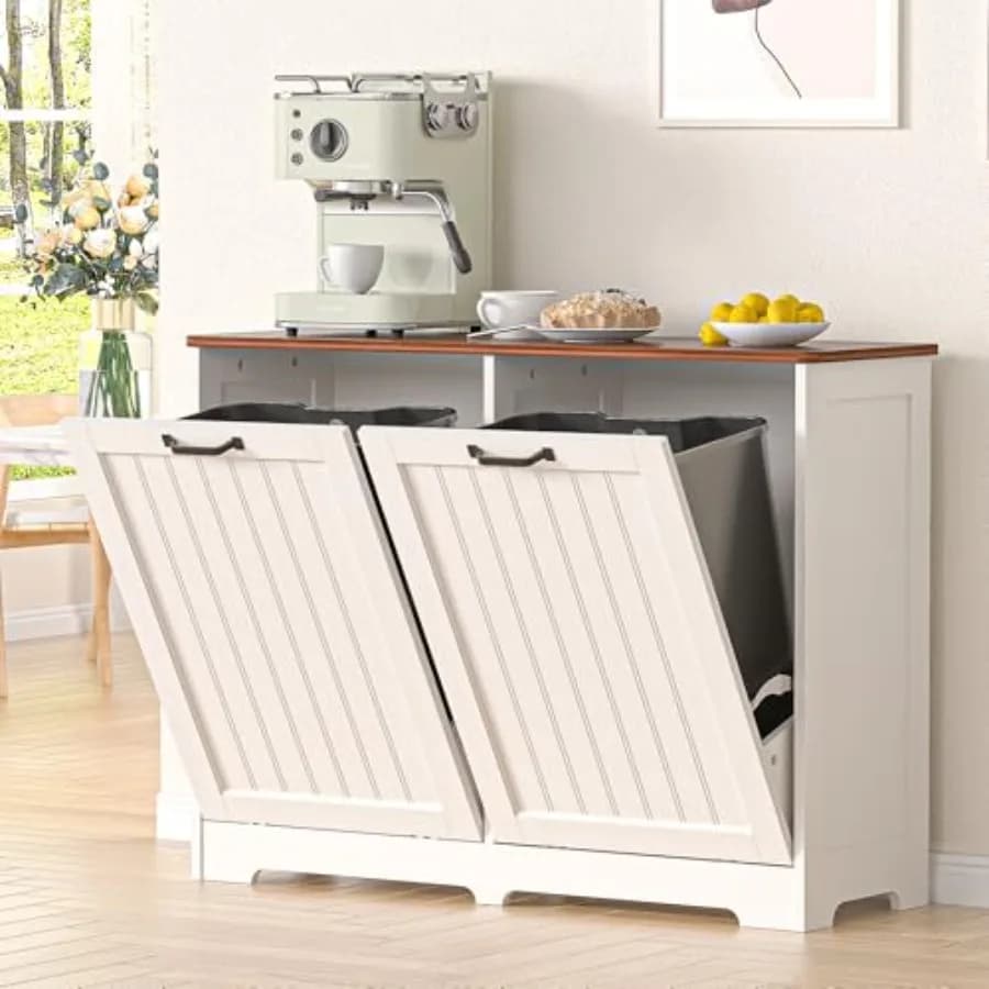 Mobiletto con Bidoni della Spazzatura Estraibili per 2 Contenitori, Mobile in Legno Nascosto per Lavanderia, Contenitore per Rifiuti a Prova di Cane per Cucina e Bagno