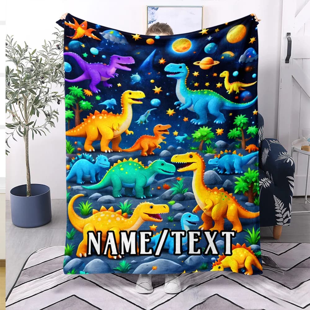 A personalized blanket designed with starry skies and dinosaurs, perfect for family use. A lightweight flannel shawl