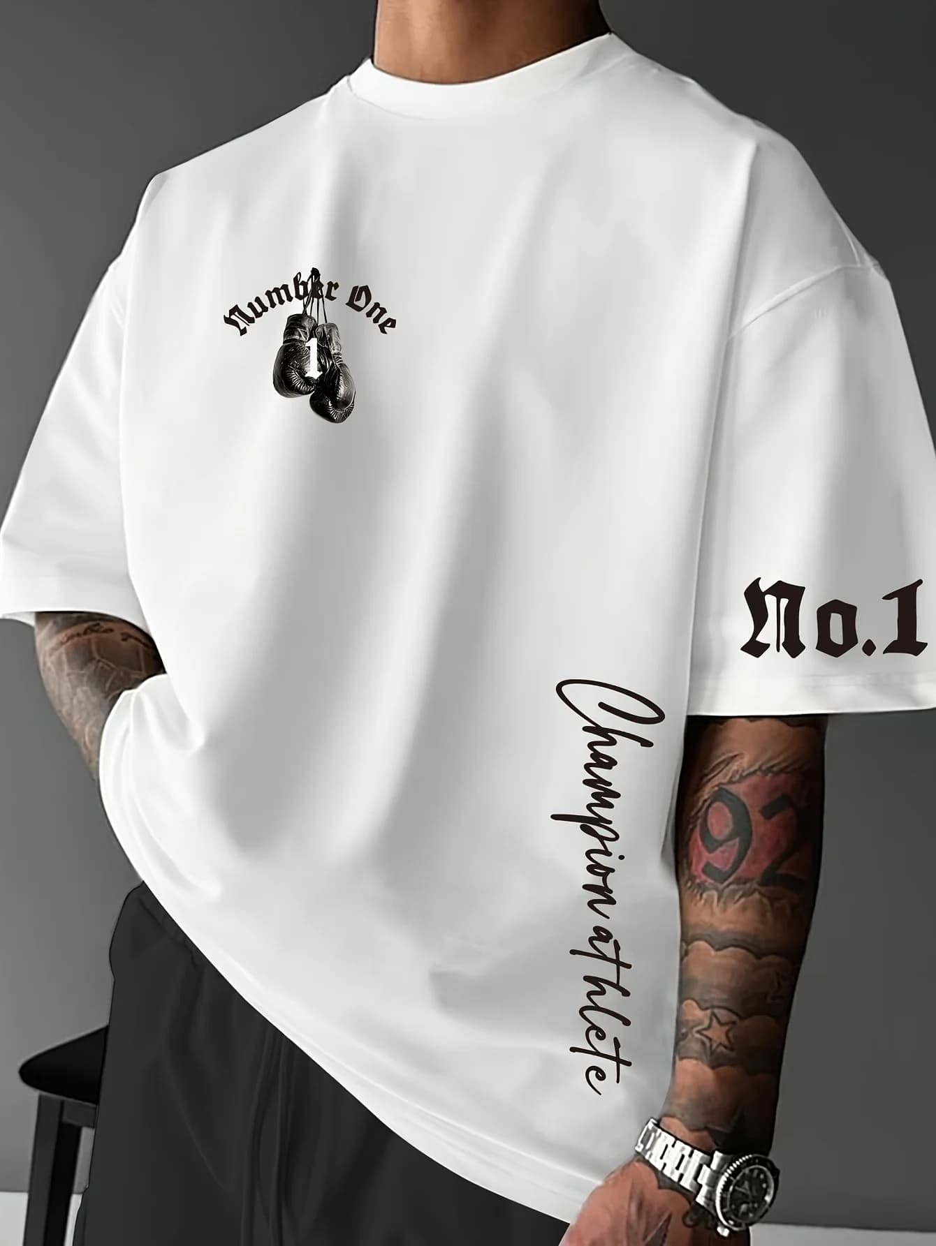 T-Shirt Estiva da Uomo con Motivo Boxe, Tessuto Comodo e Traspirante, Stile Street, 100% Cotone Puro, Versatile e di Tendenza