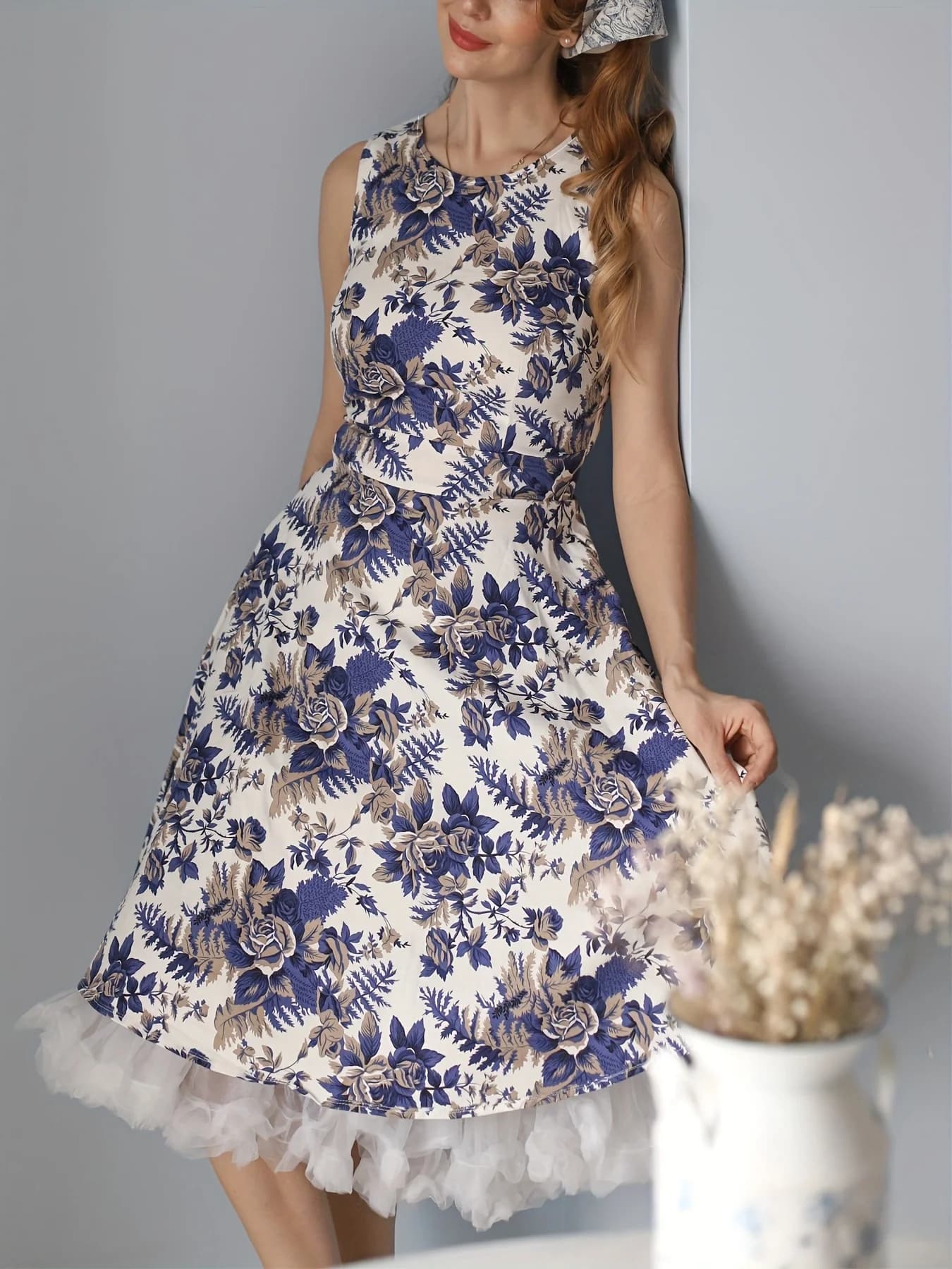 Womens Summer Floral Casual Sleeveless Round Neck 1950s Vintage Hepburn Style Fit And Flare Swing Rockabilly A-Line Dress